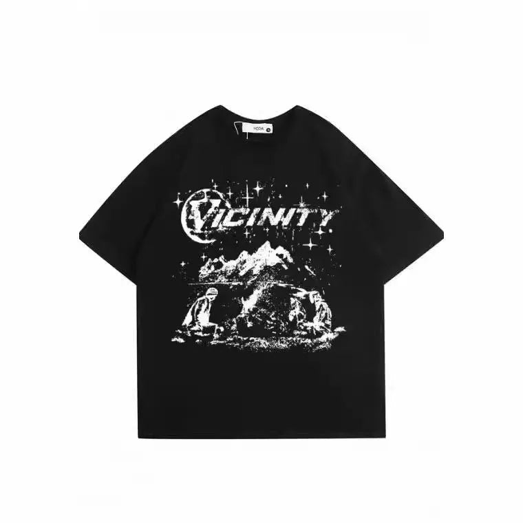 Men's grey hip hop graphic print t-shirt on a hanger, showing retro design.