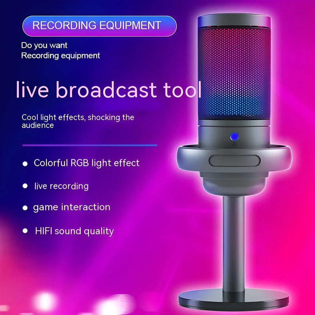 Condenser microphone with RGB lighting in black, white or pink for computer recording and live broadcast