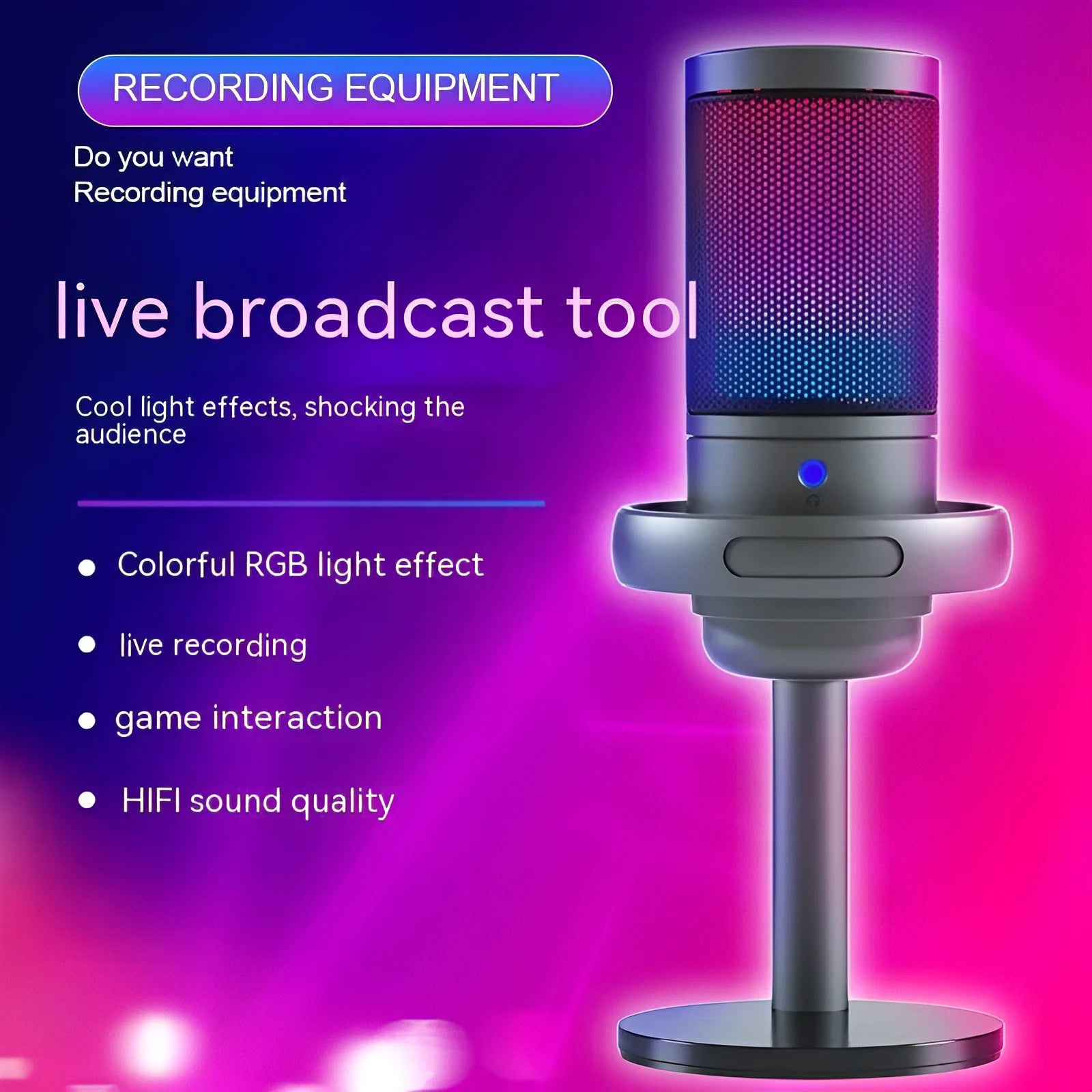 Condenser microphone with RGB lighting in black, white or pink for computer recording and live broadcast