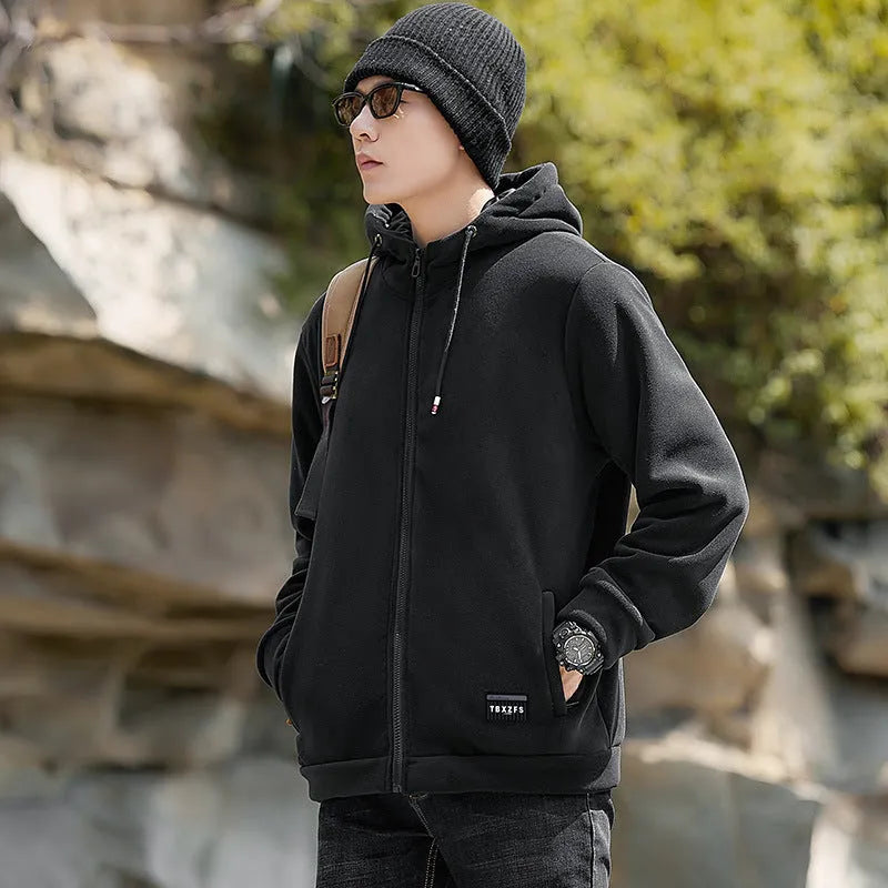 Men's hooded lamb wool jacket in camel, loose casual brush hoody style with wool liner