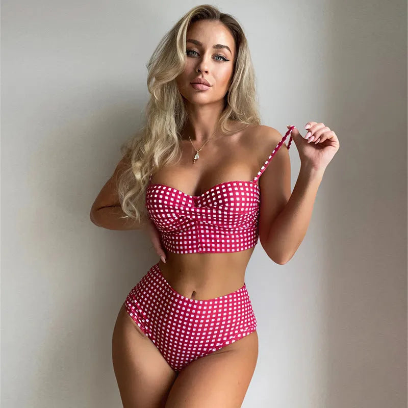 Women's plaid high-waist bikini set in rose red, available in sizes S to 4XL.