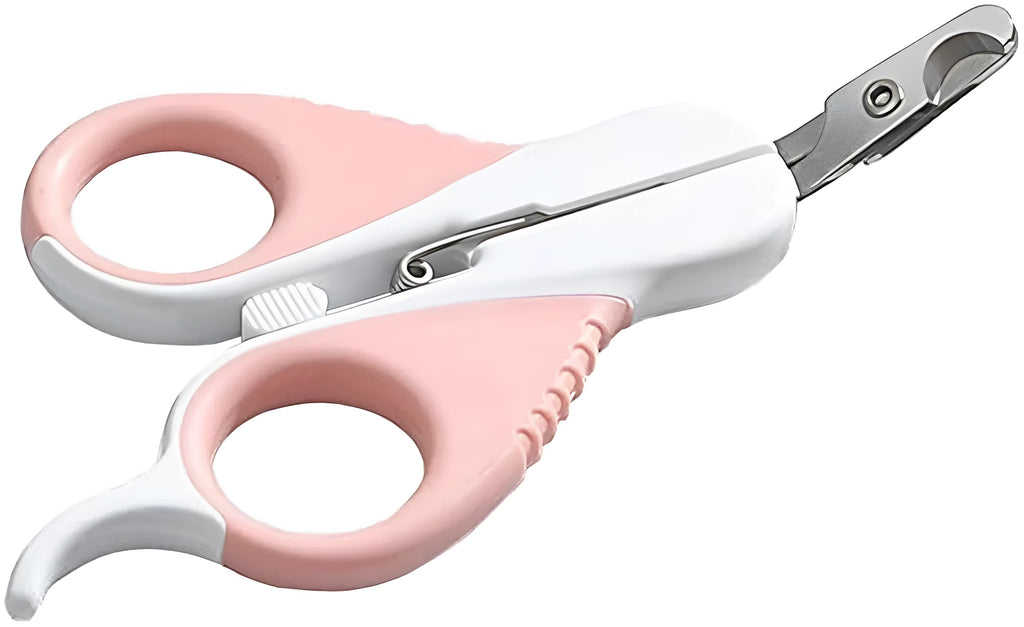 Grey and pink angled cat nail clippers with safety guard and non-slip rubber handles.