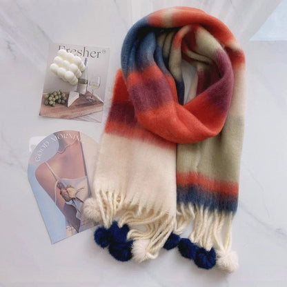 Rainbow Dopamine Mohair Tassel Scarf in vibrant colours, perfect for winter