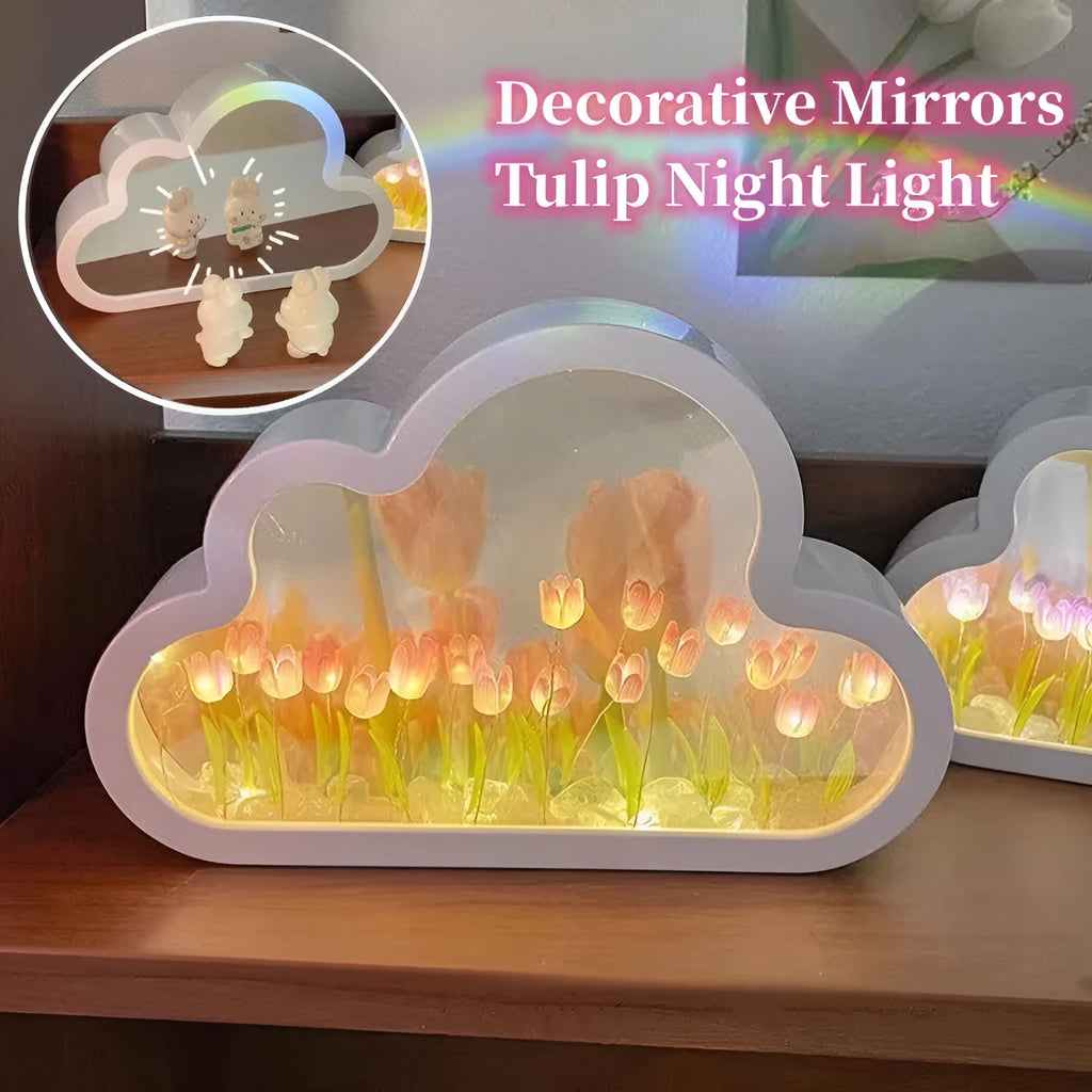 DIY tulip-shaped night lamp with mirror and photo frame in blue colour on wooden desk