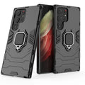 Black TPU PC phone case for Samsung Galaxy with kickstand bracket standing on a table