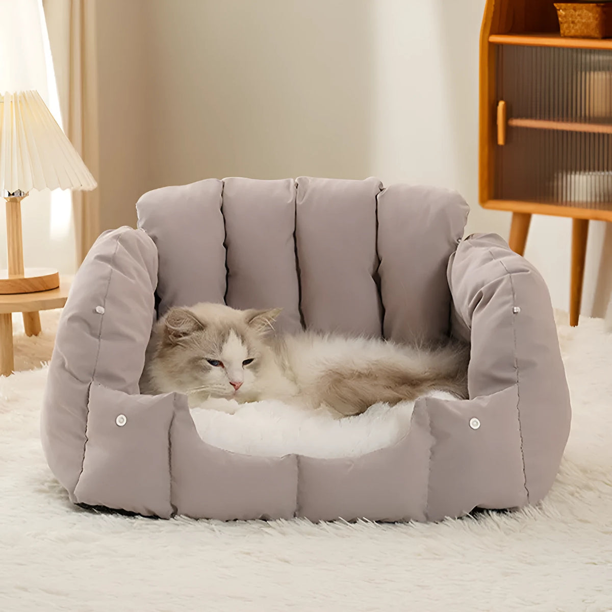 Arched deformable cat nest in green colour showing both enclosed and sofa configurations