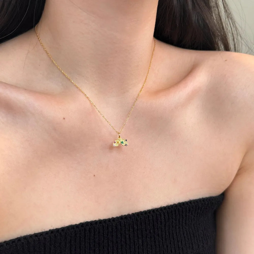 S925 sterling silver necklace with rainbow inlaid U-shaped geometric pendant on clavicle chain in platinum finish