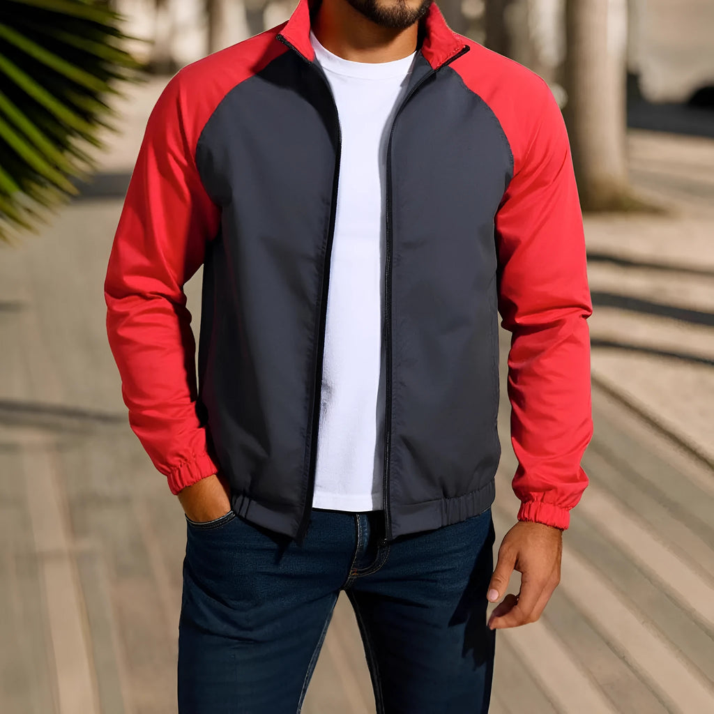 Men's green loose-fit casual jacket with stand collar and raglan sleeves