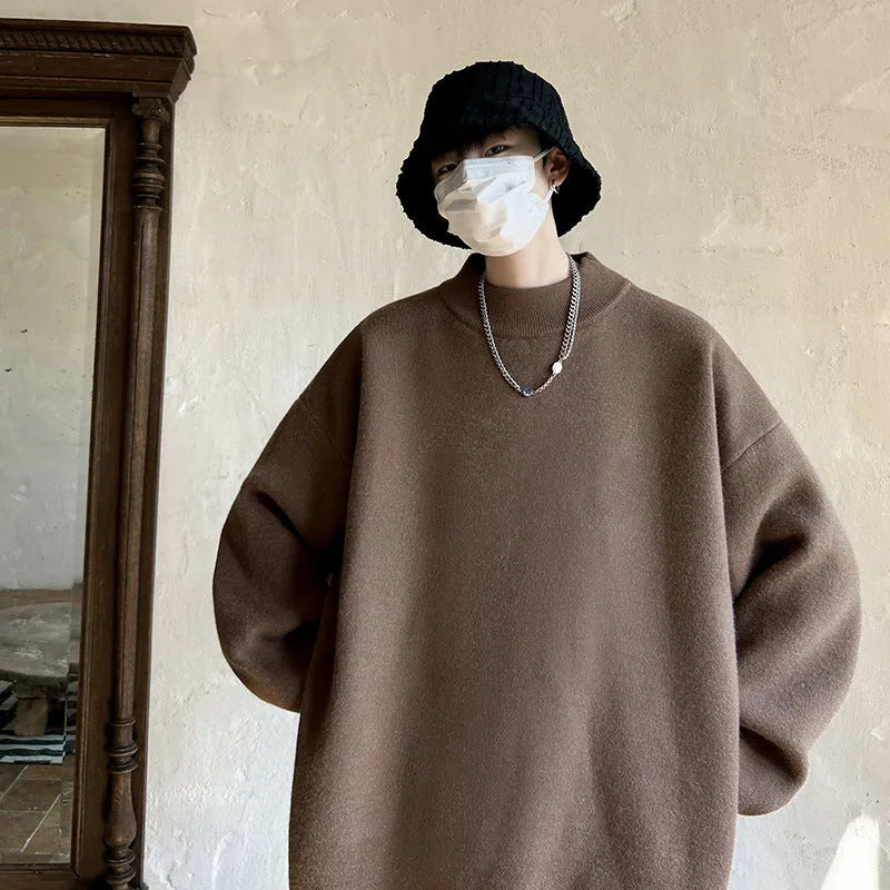 Men's loose fit round neck polyester sweater in solid colour for spring and autumn casual wear
