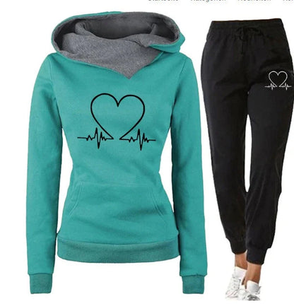 Women's love heart printed sports suit with hooded sweatshirt and drawstring pants