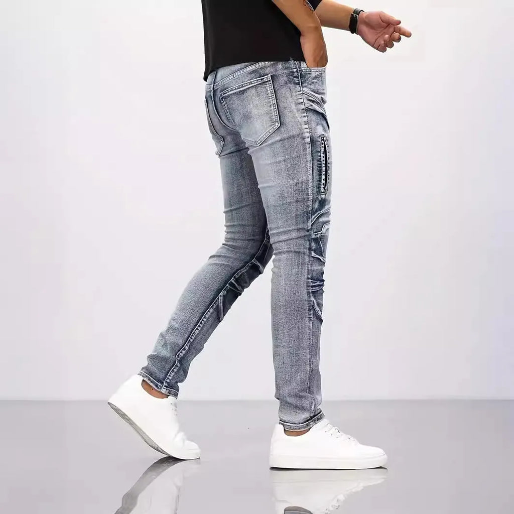 Retro casual stretch motorcycle jeans for men in light blue cotton denim, mid waist skinny fit with zip placket