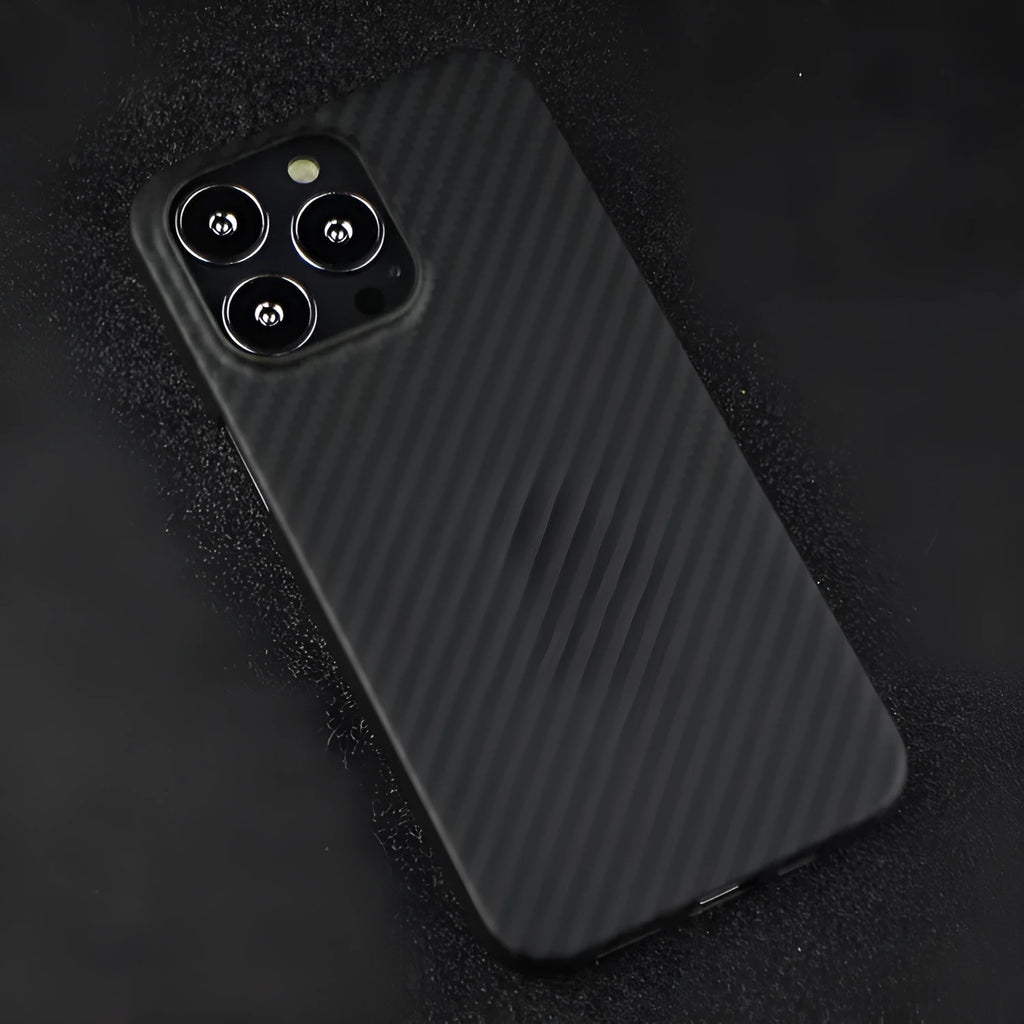 Kevlar fibre iPhone case with stripe design and MagSafe compatibility in dull black texture variations