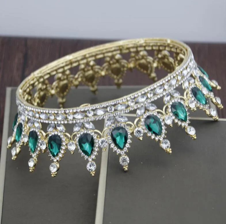 Baroque bridal crown headdress with rhinestones, alloy construction, 12.5cm diameter, gold finish