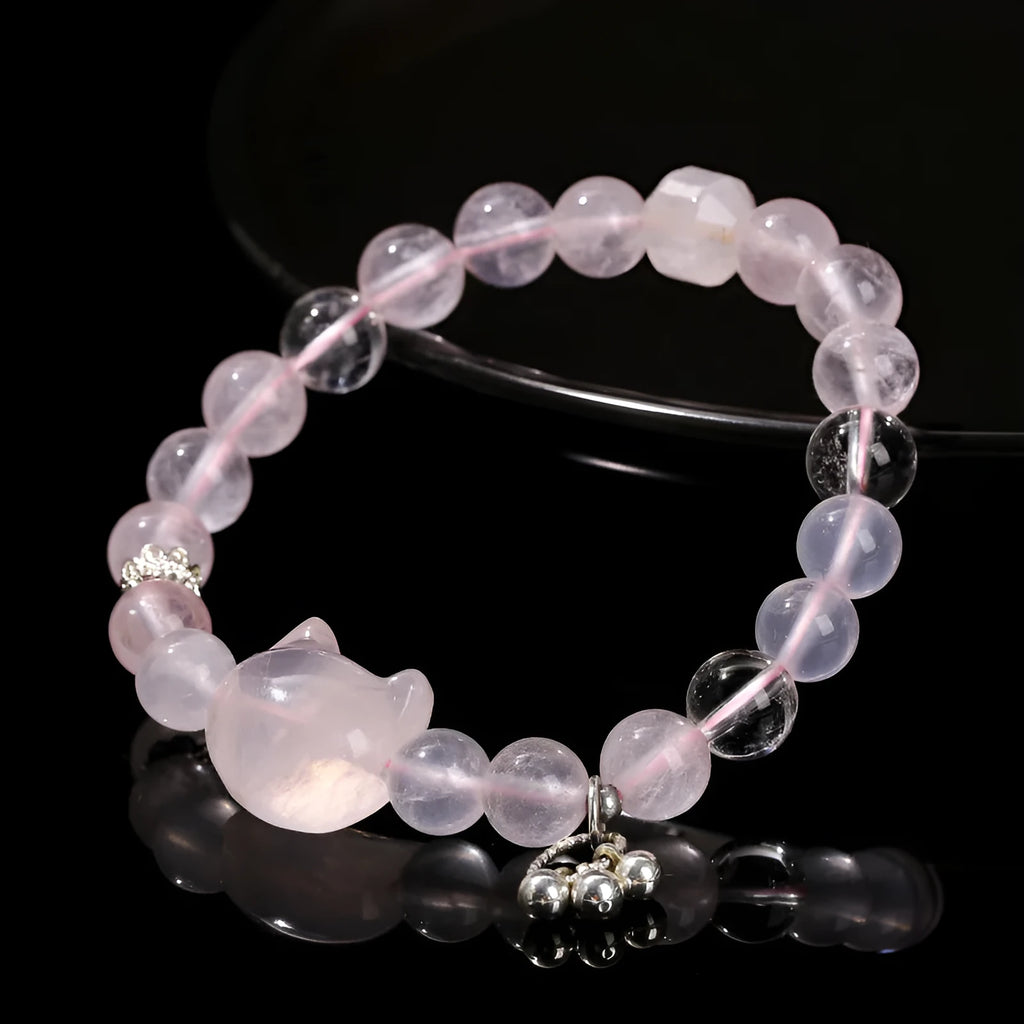 Women's crystal cat head bracelet with natural gemstones and copper charm