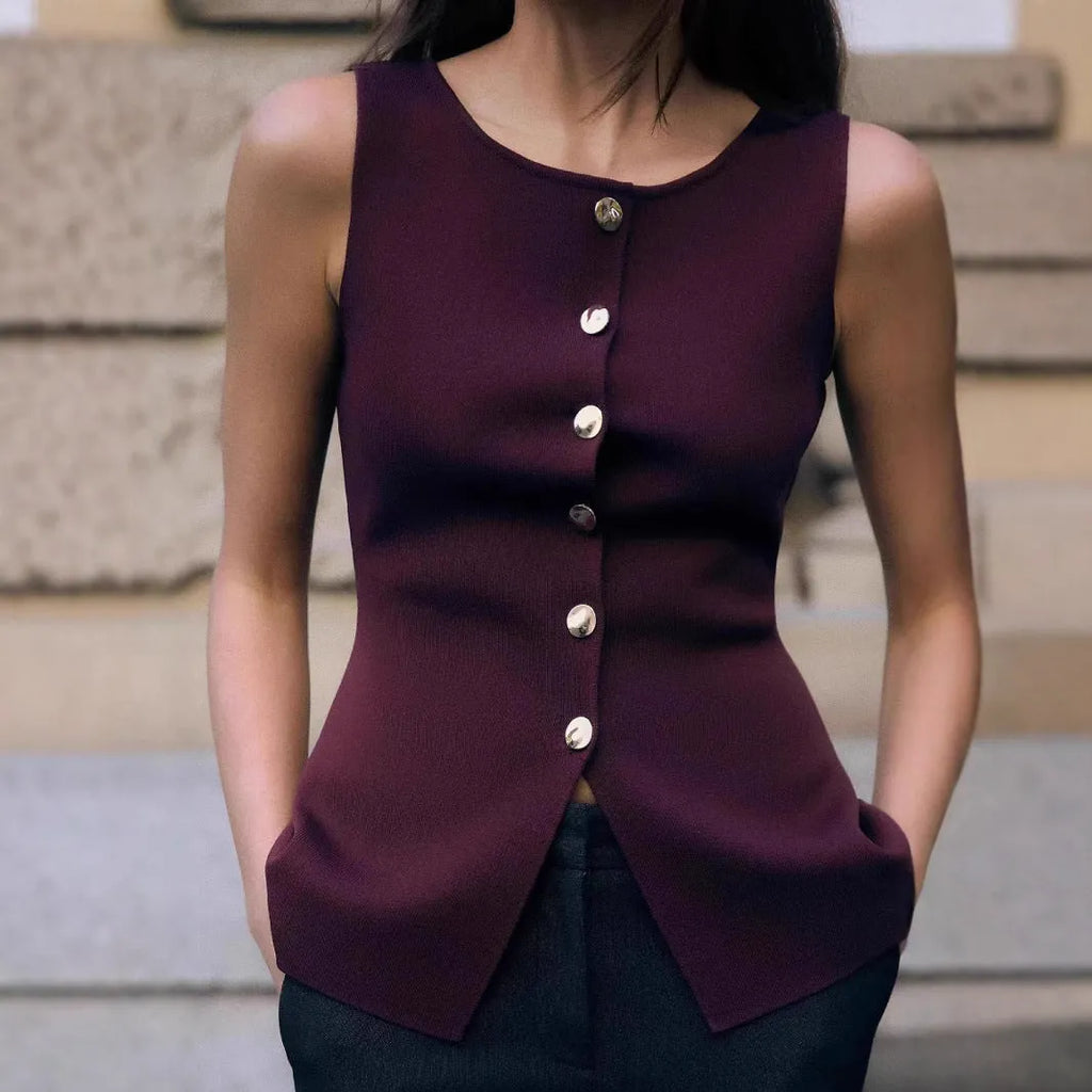 Women's dark red viscose vest with gold buttons and 3D pattern texture