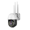 Outdoor dome surveillance camera with 360-degree rotation on a wall mount, showing its compact size.