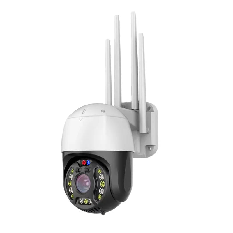 Outdoor dome surveillance camera with 360-degree rotation on a wall mount, showing its compact size.