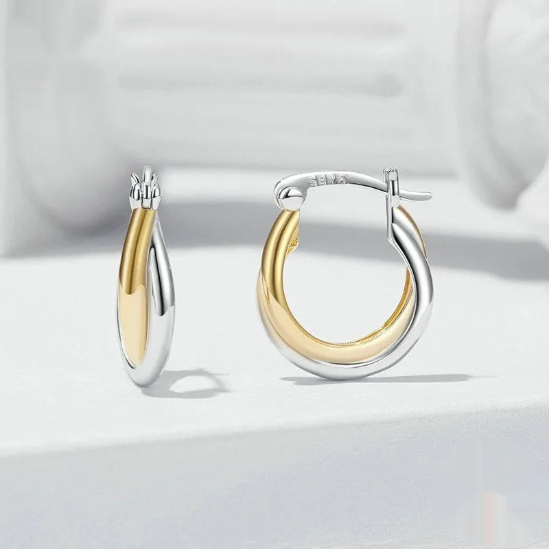 Double ring plain ornament earrings in 925 sterling silver with electroplated finish, women's jewellery