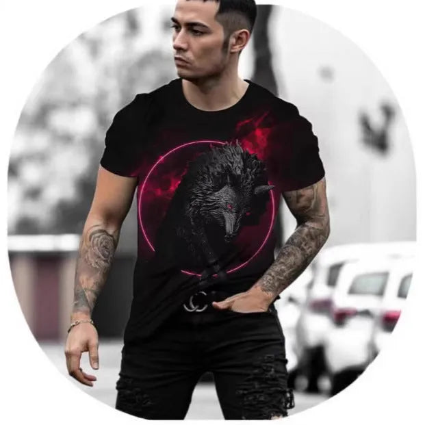 Men's grey short-sleeved T-shirt with a retro-style 3D tiger print on the front.