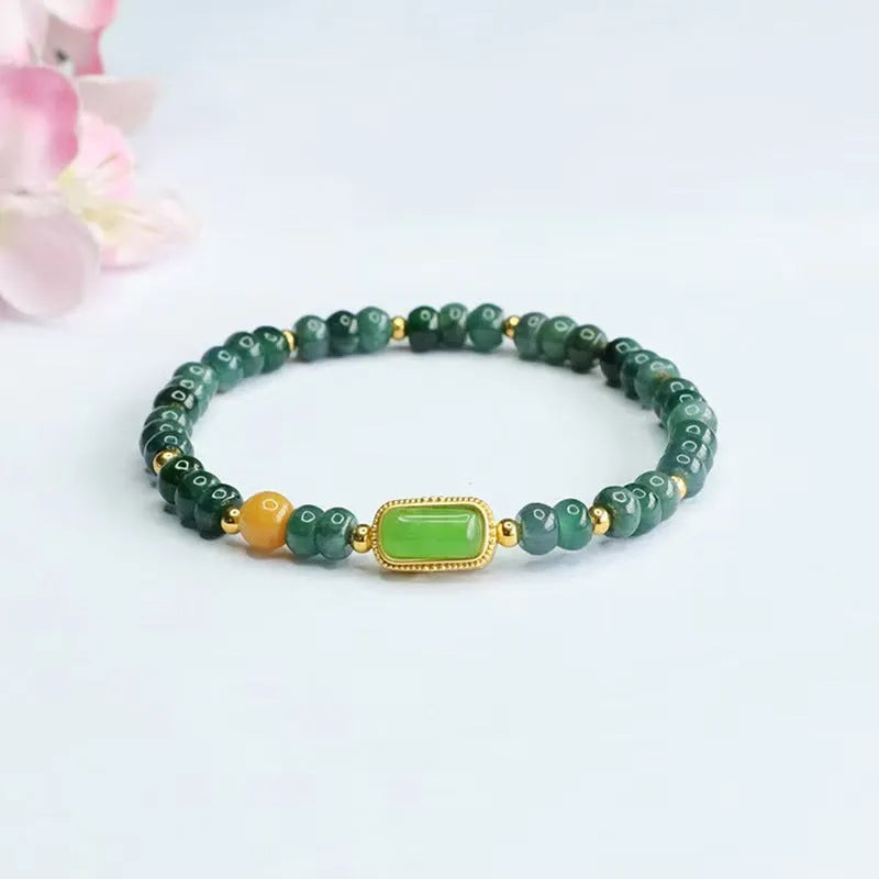 Natural stone blue water jade beaded bracelet with geometric jasper and topaz stones