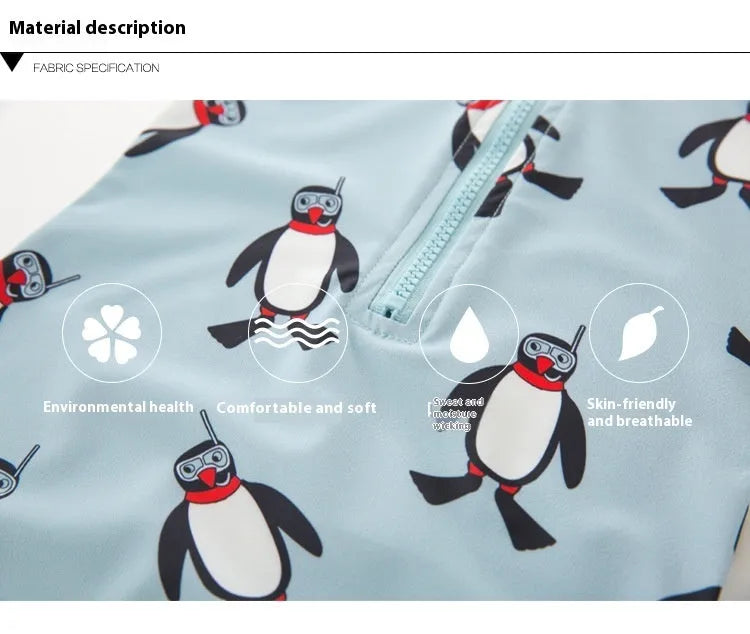 Boys' long sleeve penguin print swimsuit set with matching swim cap for sun protection.