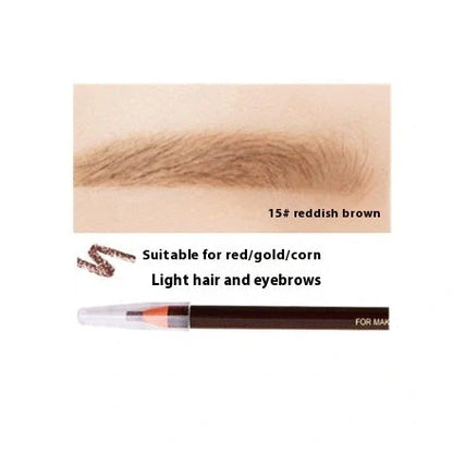 Brown microblading eyebrow pen with 0.1mm tip showing hair-like strokes on skin, 14.5cm length with protective cap