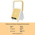 Wireless charging induction Bluetooth speaker small night lamp in Platinum Jazz finish with USB cable on a wooden desk