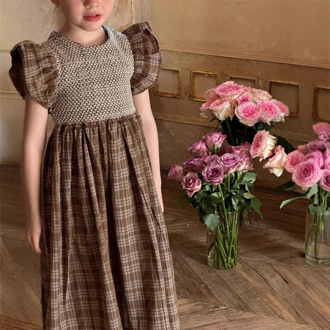 Summer girls' retro plaid sleeveless cotton dress in coffee plaid, available in sizes 90cm to 140cm