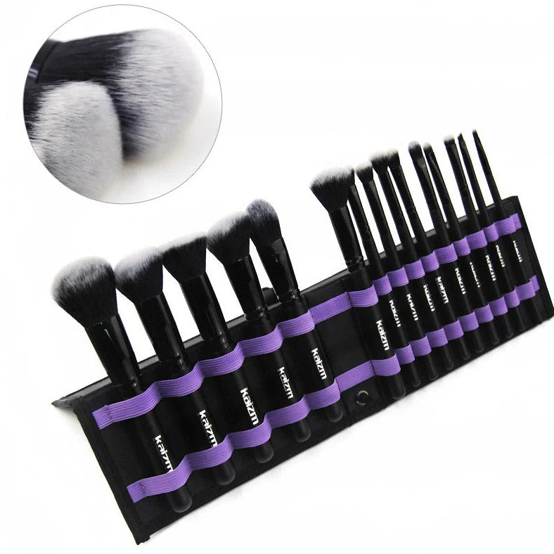 Black 15-piece makeup brush set with wooden handles and folding cloth storage bag
