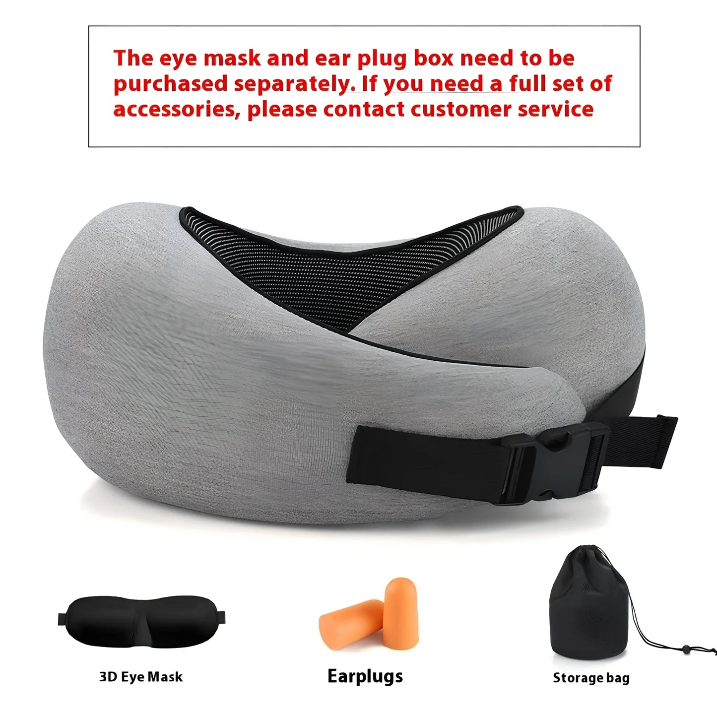 Dark gray adjustable U-shaped memory foam neck pillow with Velcro closure and storage bag, 30cm high for travel support