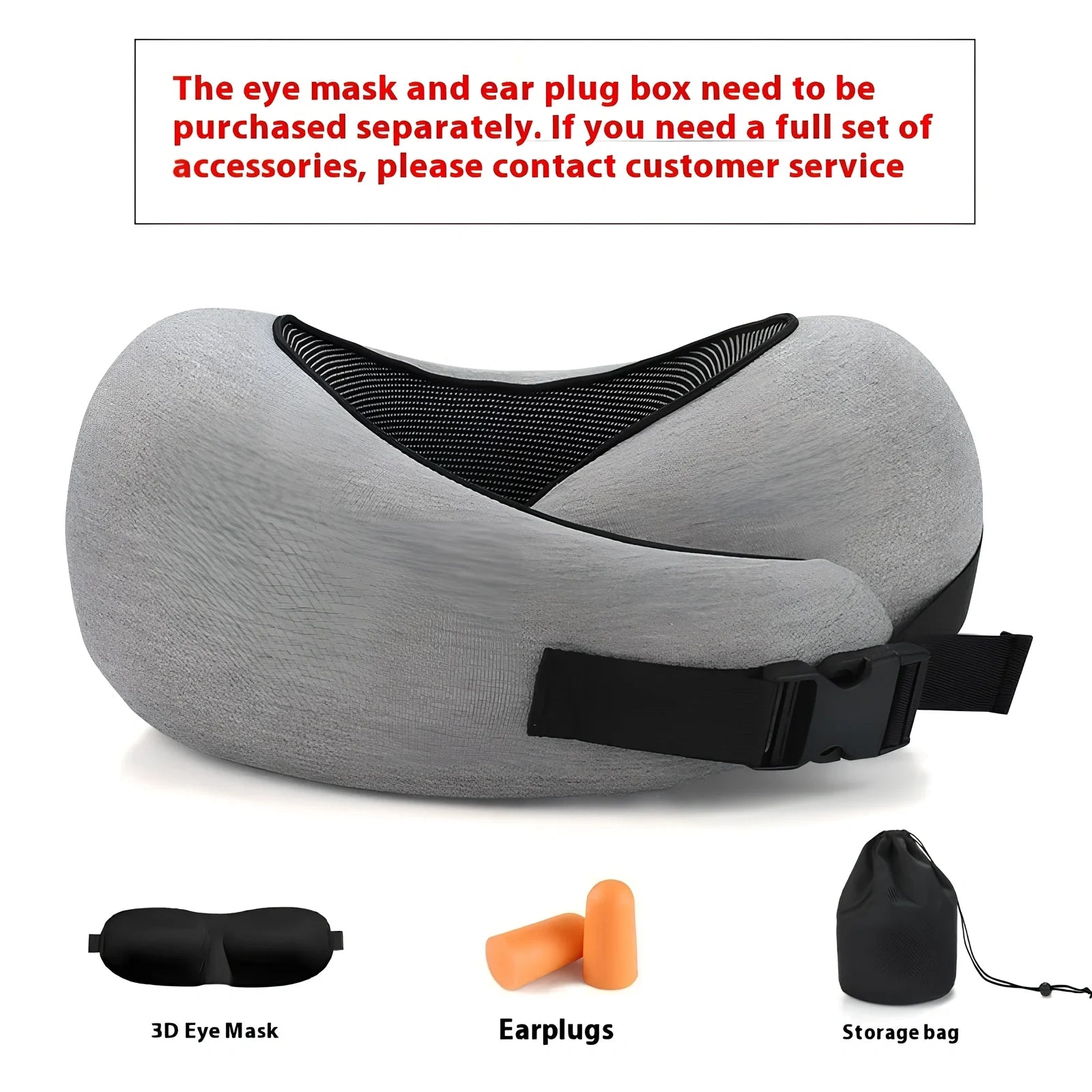 Dark gray adjustable U-shaped memory foam neck pillow with Velcro closure and storage bag, 30cm high for travel support
