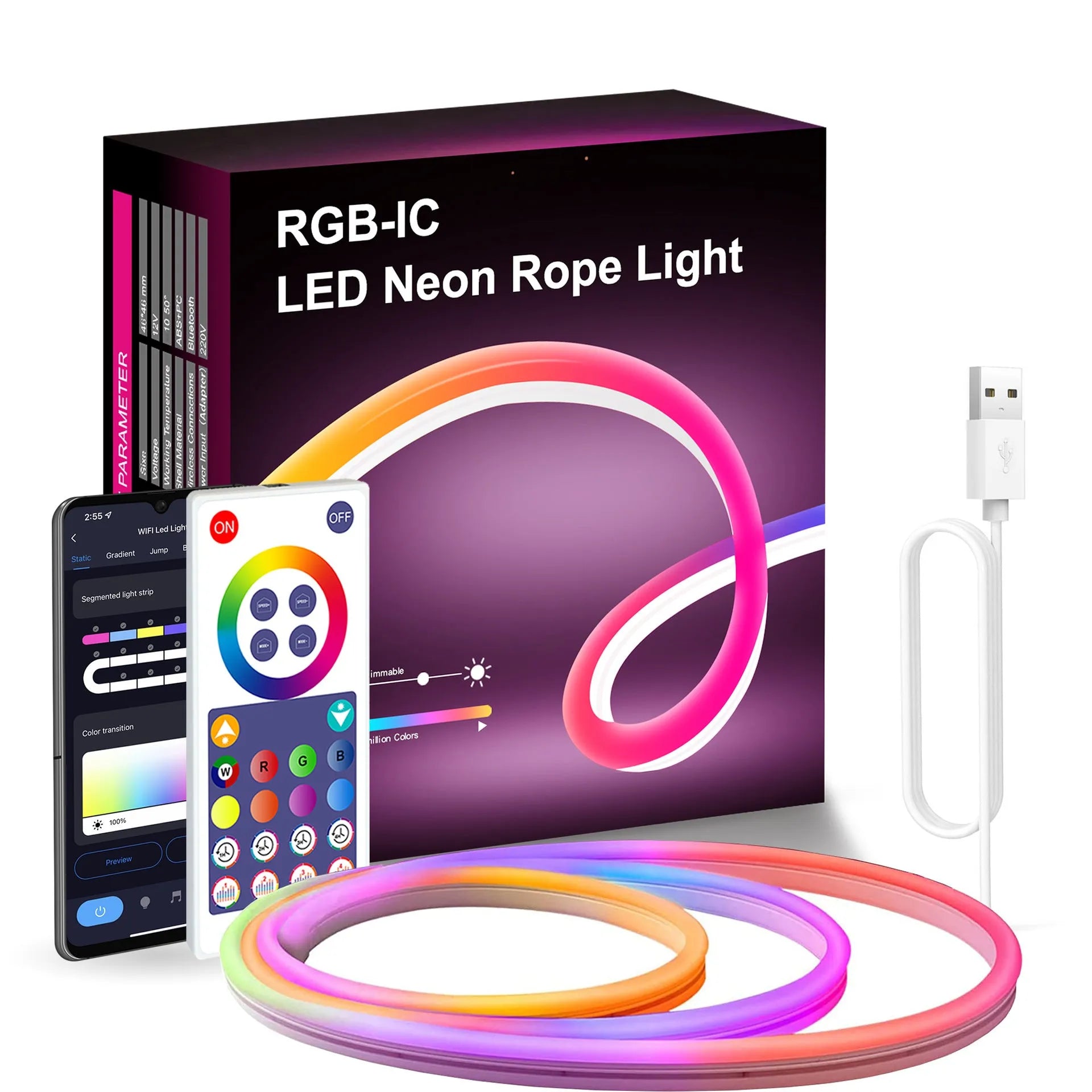 3-metre long flexible USB RGB neon LED light strip with remote control on a white background.