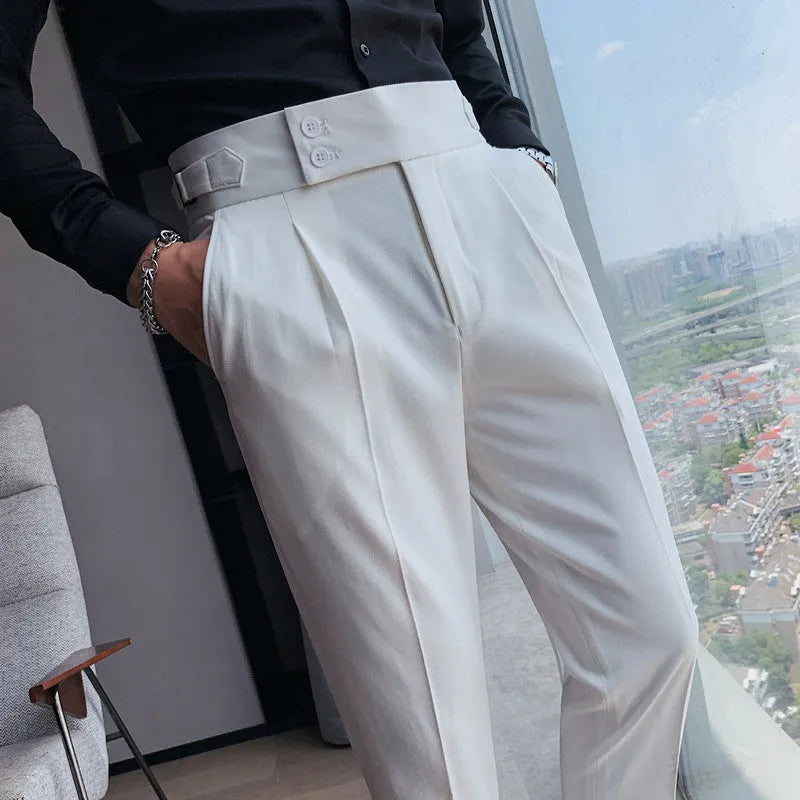 Men's solid colour straight leg casual trousers in polyester, shown in a light colour on a hanger.
