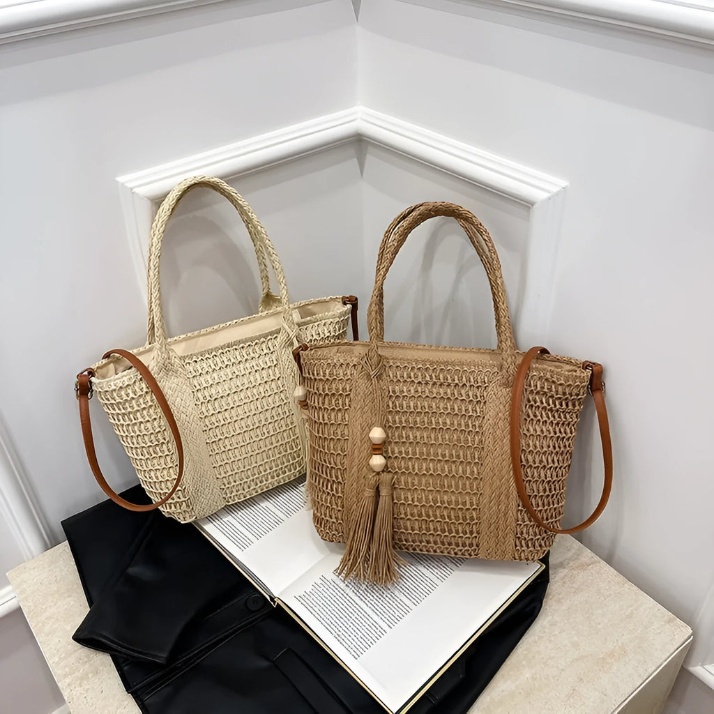 Women's straw woven crossbody shoulder bag in milky white or khaki with large capacity