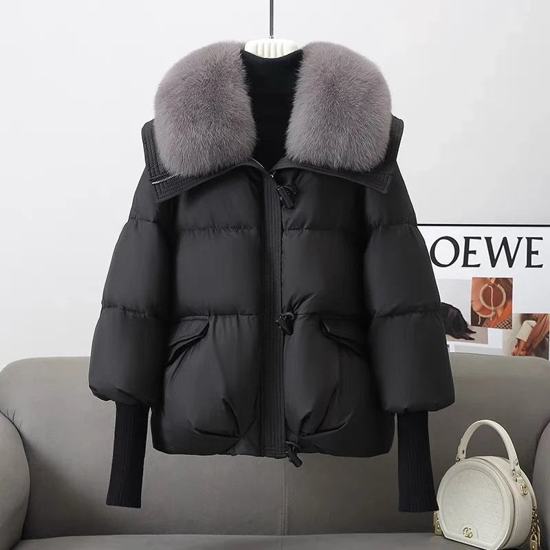Women's winter down jacket with elegant fur collar available in brown, black, and white.