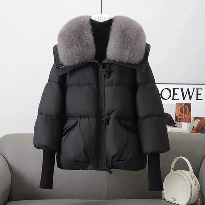 Women's winter down jacket with elegant fur collar available in brown, black, and white.