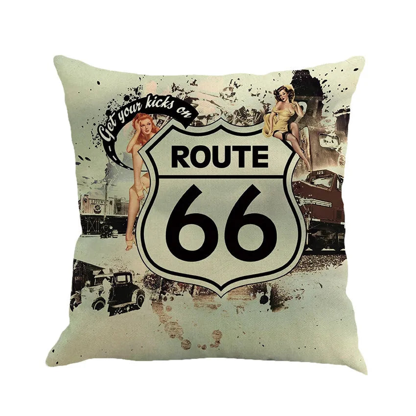 Square linen cushion cover with Route 66 road landscape print, shown in one of six available colours.