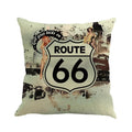 Square linen cushion cover with Route 66 road landscape print, shown in one of six available colours.