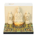 3D paper carving calendar 2026 showing Guanyin Bodhisattva and Sends Wealth Boy in seated lotus design, retro style