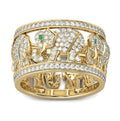 Close-up of a creative elephant design ring with a metallic electroplated finish on a model's finger.