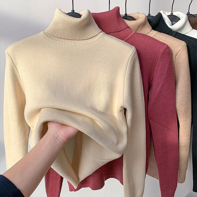 Women's turtle neck winter sweater in various colours, showcasing plush thickening and slim fit