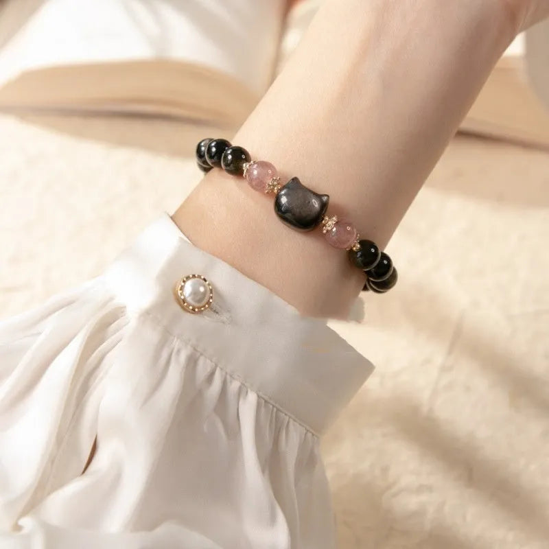 Natural black obsidian 8mm bracelet with kitty accessories and adjustable sliding knot