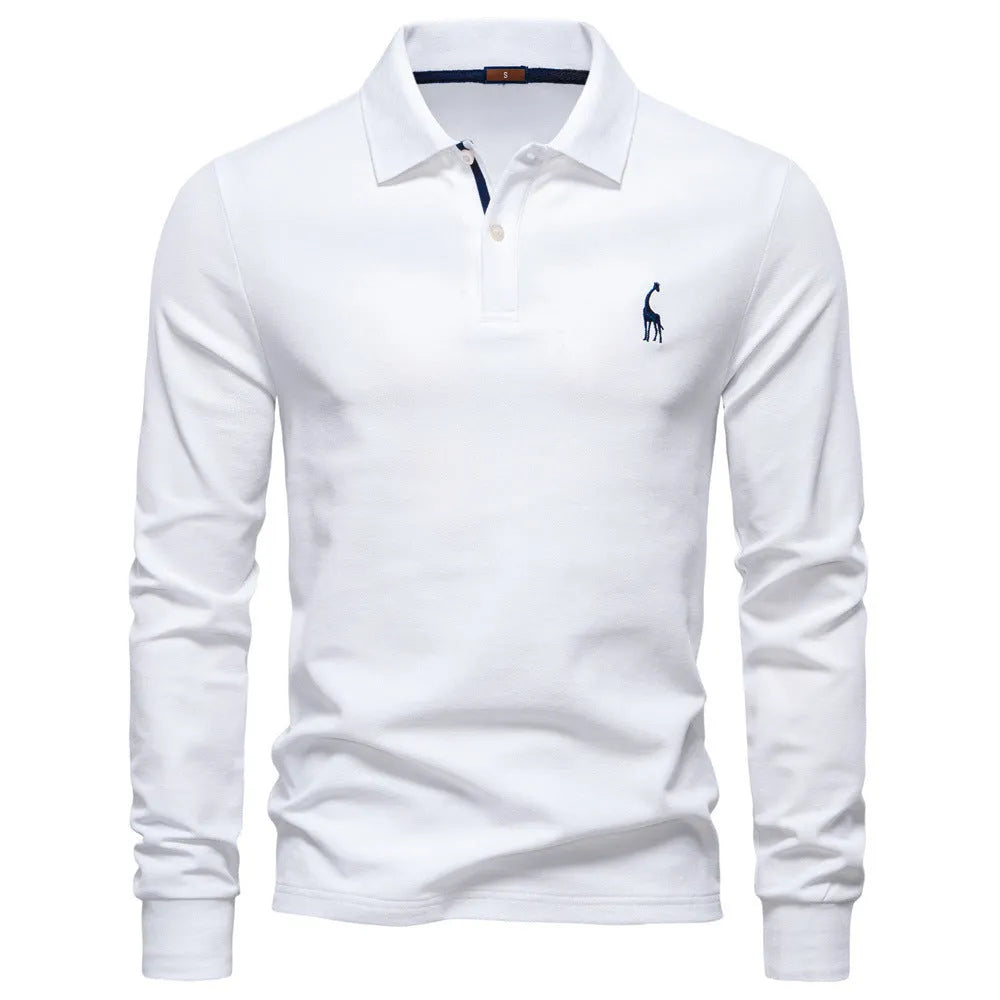 Cotton blend long sleeve solid colour casual polo shirt in army green for autumn leisure wear