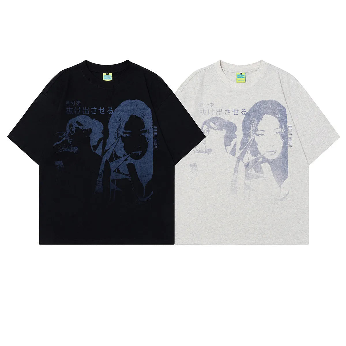 Men's black t-shirt with retro character painting pattern in loose fit cotton design