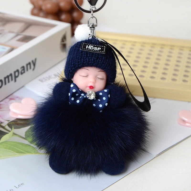 Hand-woven fox fur sleeping doll plush keychain pendant with or without bow