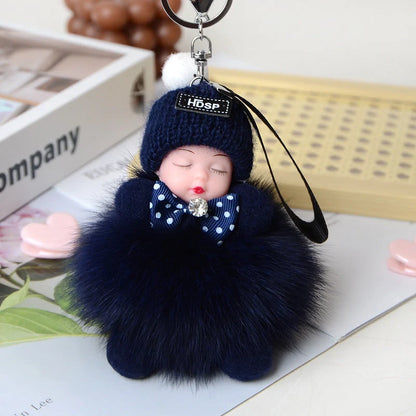 Hand-woven fox fur sleeping doll plush keychain pendant with or without bow