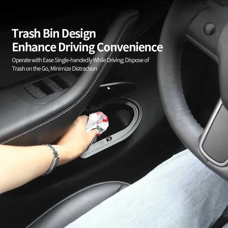 Two black ABS plastic car door trash cans for Tesla Model Y front door storage.