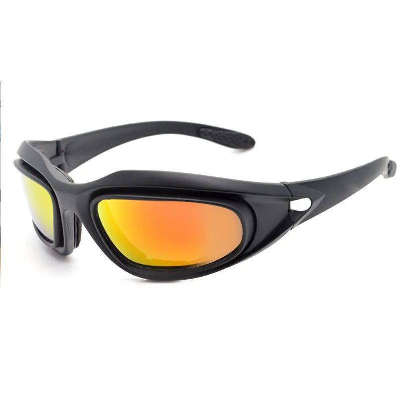 Tactical polarised sports sunglasses with a full-rim PC frame on a black background.