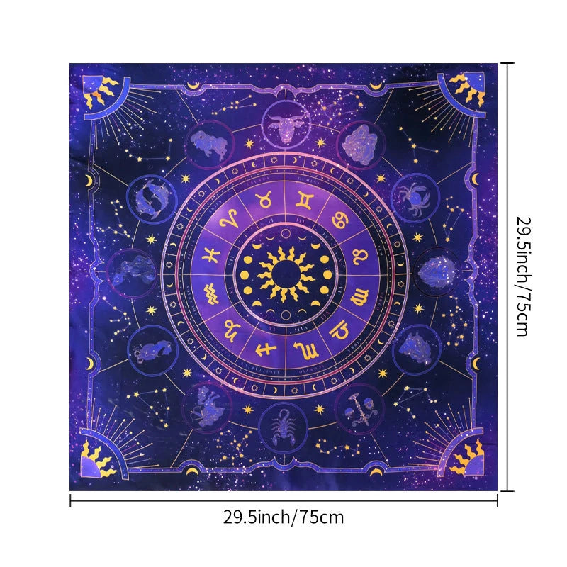 Decorative tablecloth with mandala moon phase and floral butterfly designs for tarot and board games