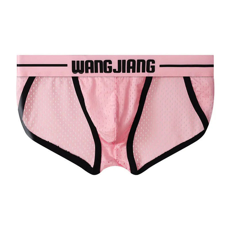 Men's black Ice Silk mesh triangle underwear briefs laid flat, showing breathable fabric texture.